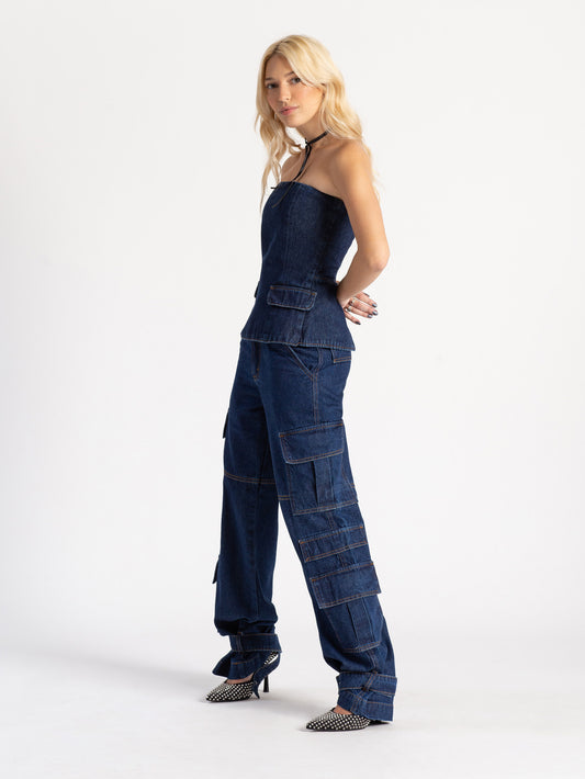 Calça Jeans Cargo Isabelle - Azul Marinho