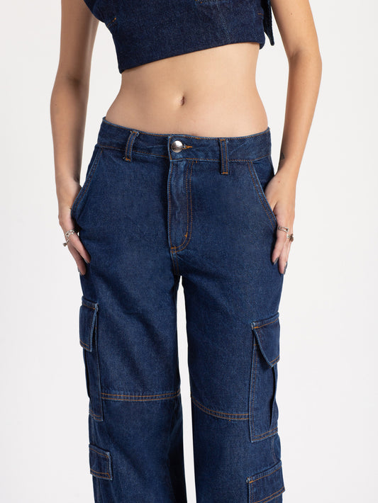 Calça Jeans Cargo Isabelle - Azul Marinho